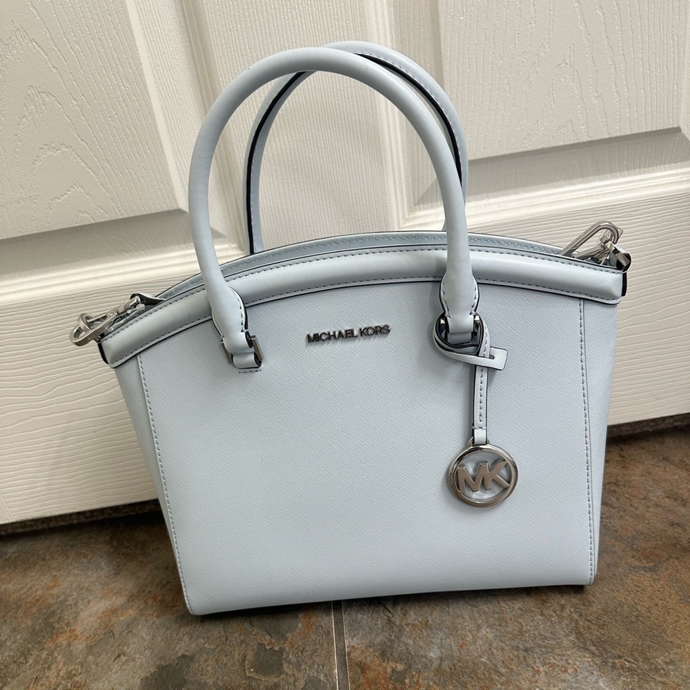 Light Blue Michael Kors Ellis Large Leather Satchel Crossbody Bag